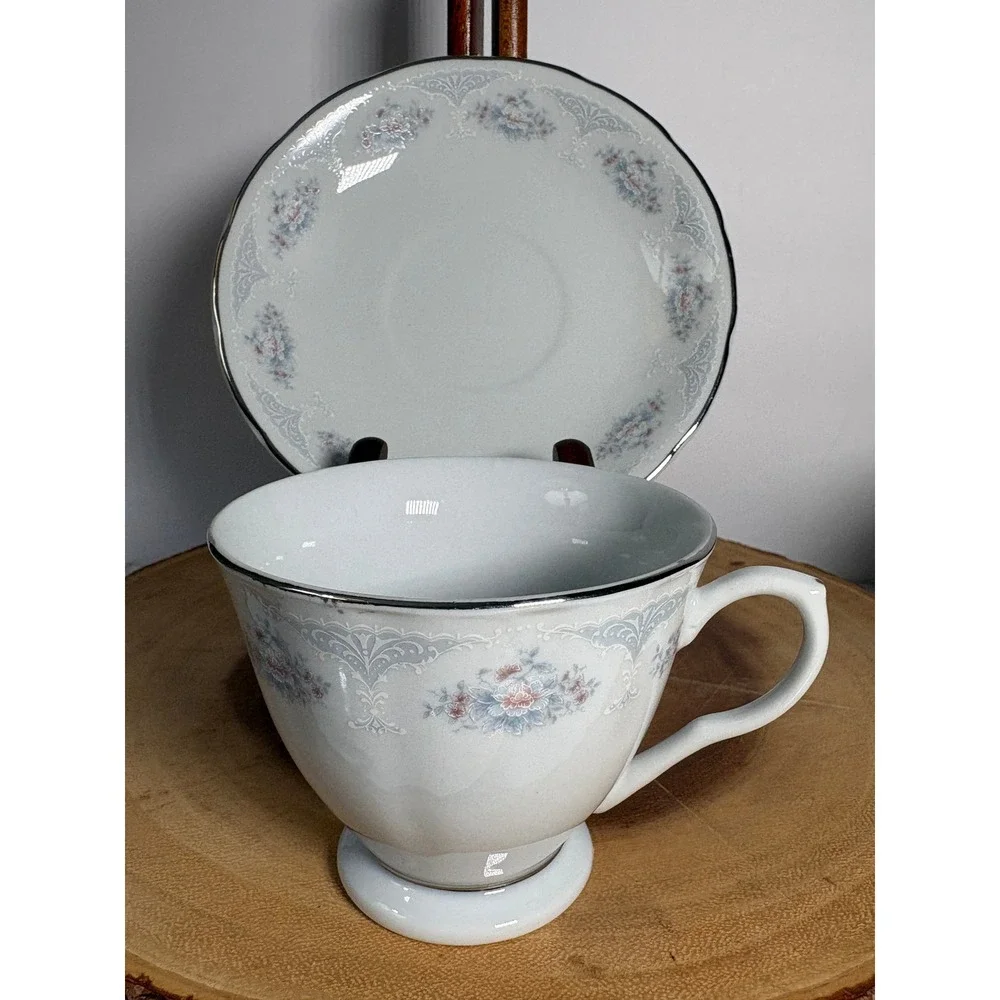 Vintage‎ Porcelain Tea Cup and Saucer Set Blue Floral Silver Rim Made in China
